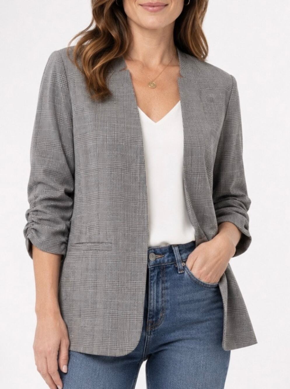 Skies Are Blue Raja Grey Plaid Ruched Sleeve Open Front Blazer XXL NWT